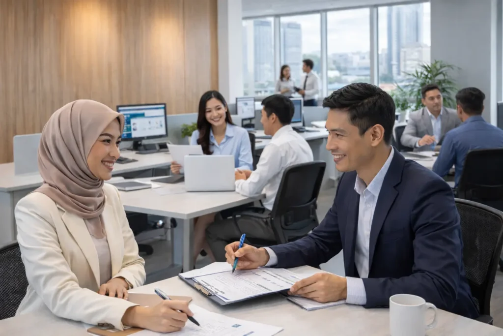 Collaborative discussion in modern office Professional recruitment consultants in Johor Bahru supporting contract staffing and hiring solutions for businesses